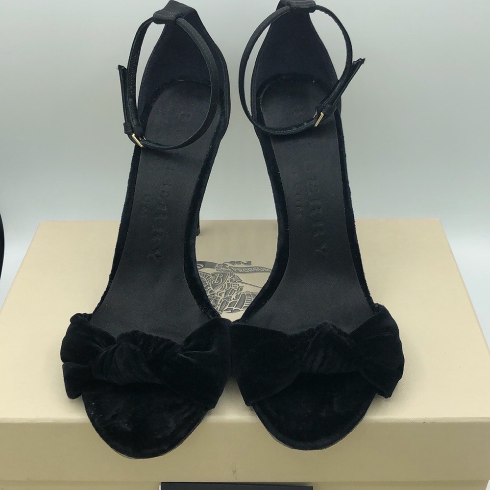 Burberry Black Suede Stiletto Sandals with Gold Accents - Picture 3 of 9